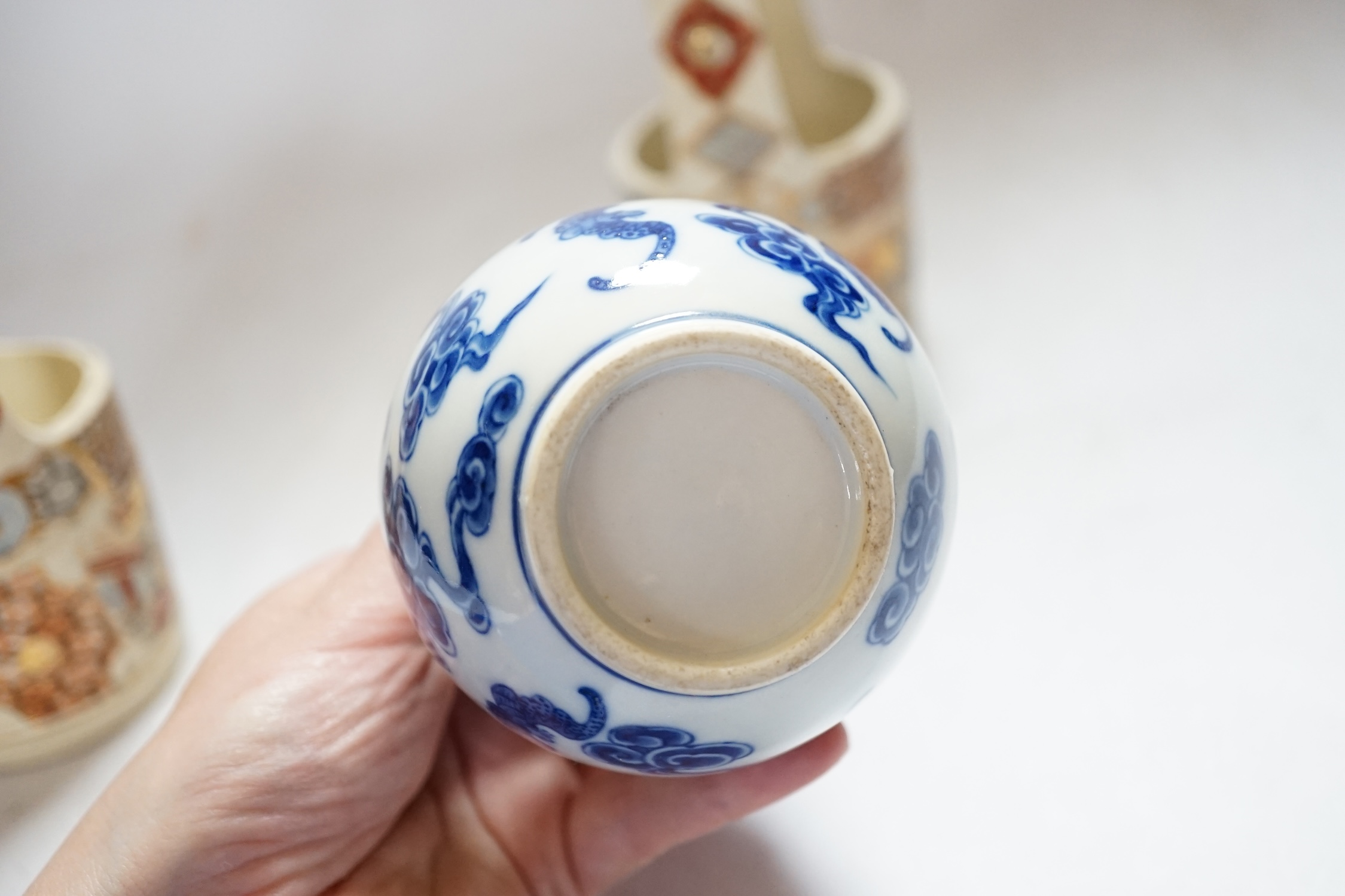 A Chinese blue and white double gourd vase and two Japanese Satsuma baskets, tallest 16cm - Image 4 of 4