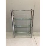 A contemporary chrome and glass three tier shelf unit, width 99cm, depth 38cm, height 147cm