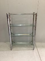 A contemporary chrome and glass three tier shelf unit, width 99cm, depth 38cm, height 147cm
