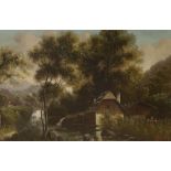 J Alberto, oil on canvas, Watermill before mountains, 66 x 103cm, ornate gilt framed