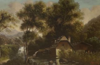 J Alberto, oil on canvas, Watermill before mountains, 66 x 103cm, ornate gilt framed