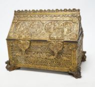 A late 19th century French Gothic revival embossed brass casket, 23cm