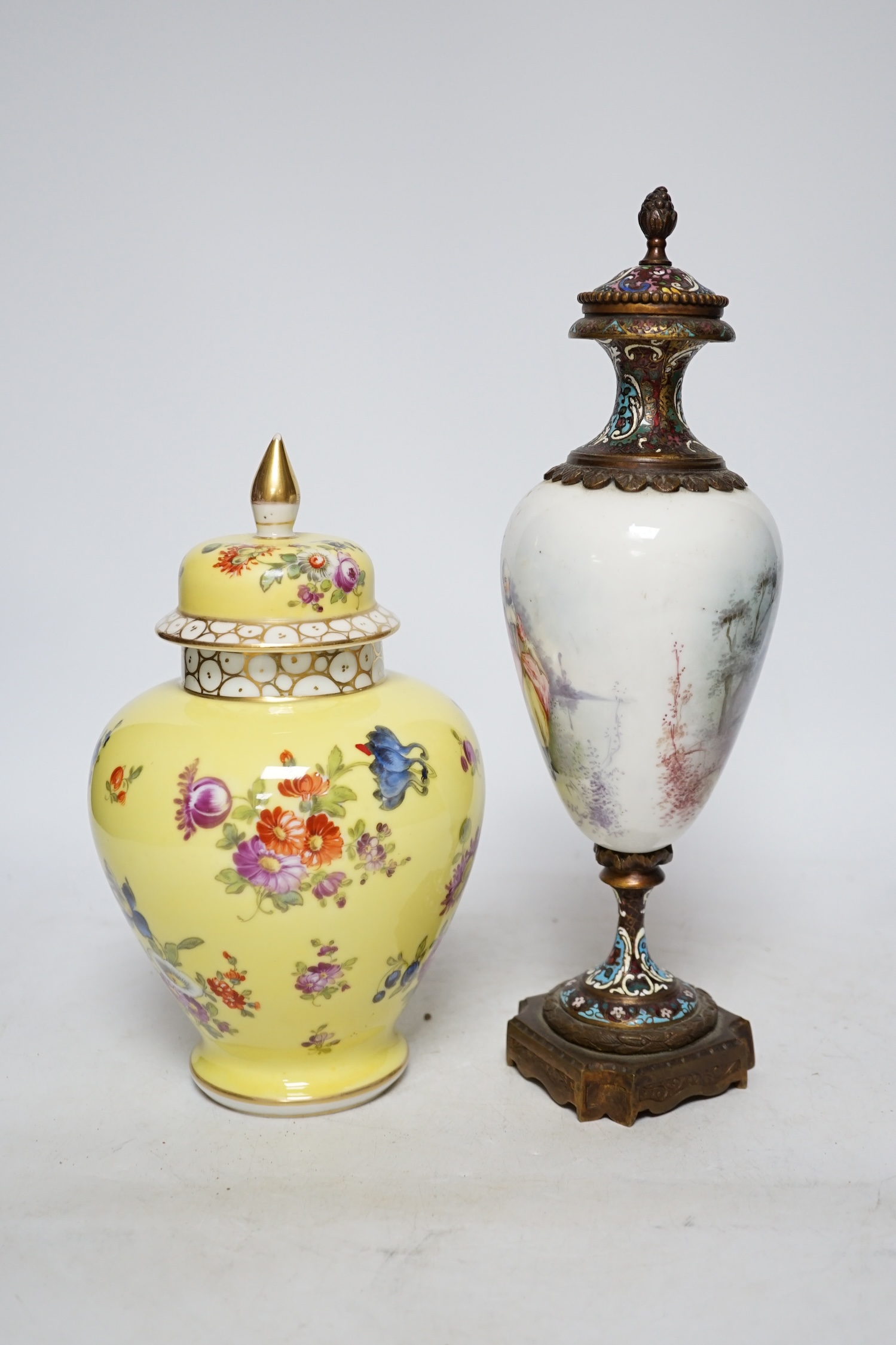 A 19th century French ormolu, enamel and porcelain urn and cover and a Dresden yellow urn and cover, - Image 2 of 3