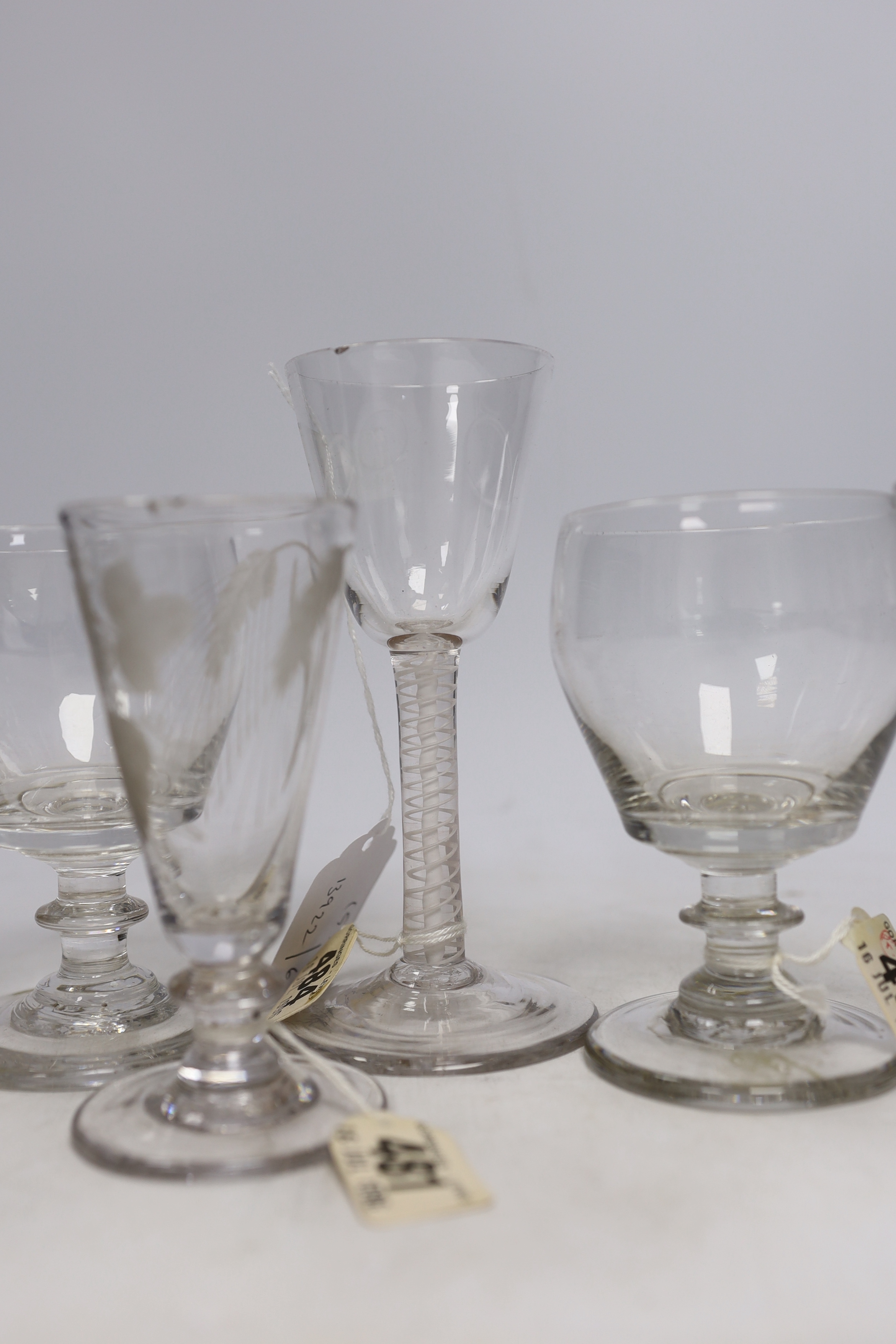 Two late 18th century DSOT Wine glasses, two dwarf ale glasses with engraved hops and barley, and - Image 3 of 4
