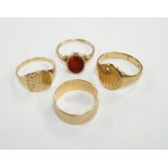 Four assorted 9ct gold rings including a wedding band and carnelian set, gross weight 13.6 grams.