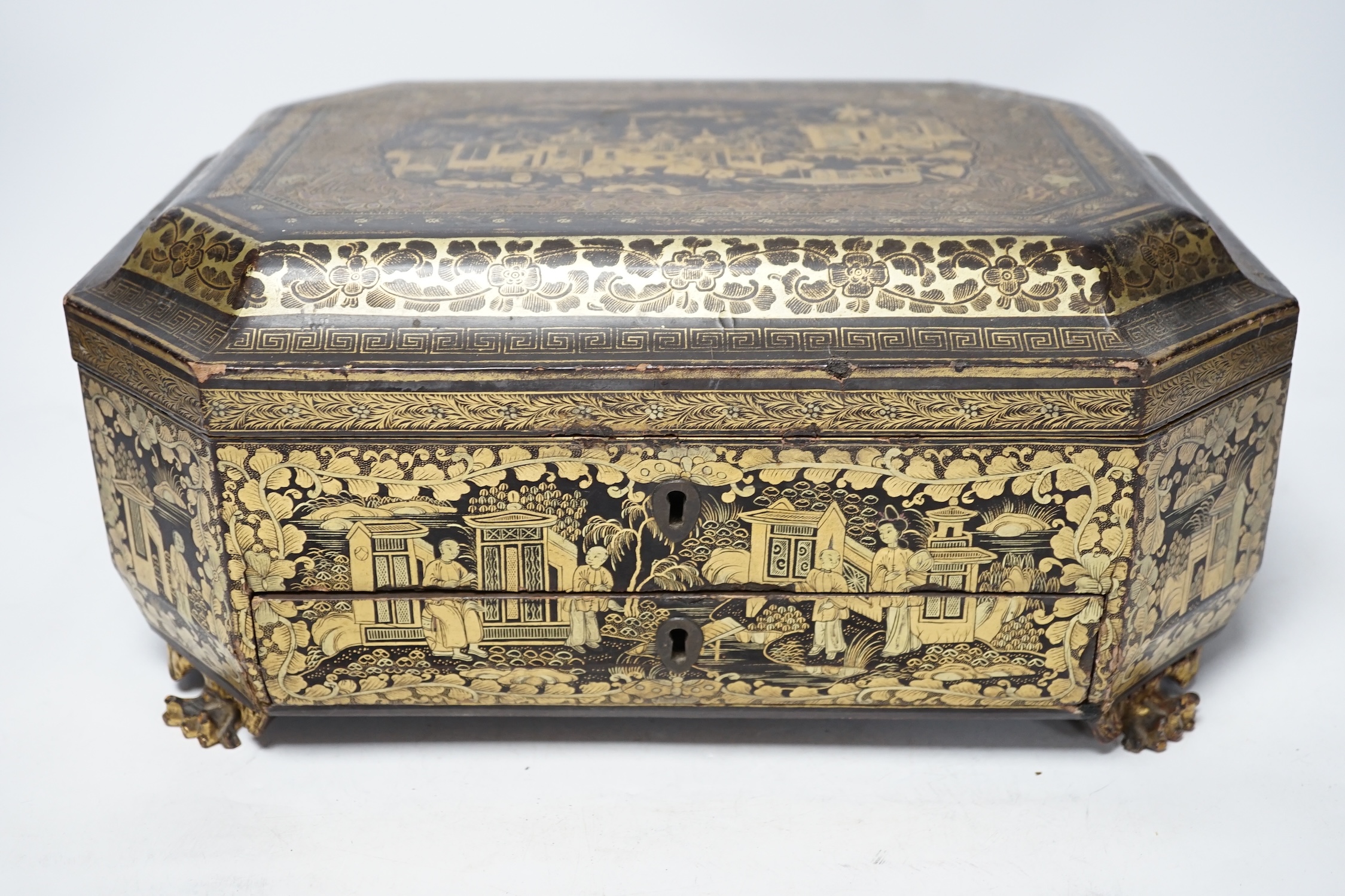 A mid 19th century Chinese export gilt decorated black lacquer work box and a George III mahogany - Image 4 of 7
