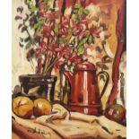 Angela Bailey (20th century), oil on artists board, Still life ‘’The red coffee pot and Azalea’’,