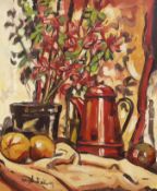 Angela Bailey (20th century), oil on artists board, Still life ‘’The red coffee pot and Azalea’’,