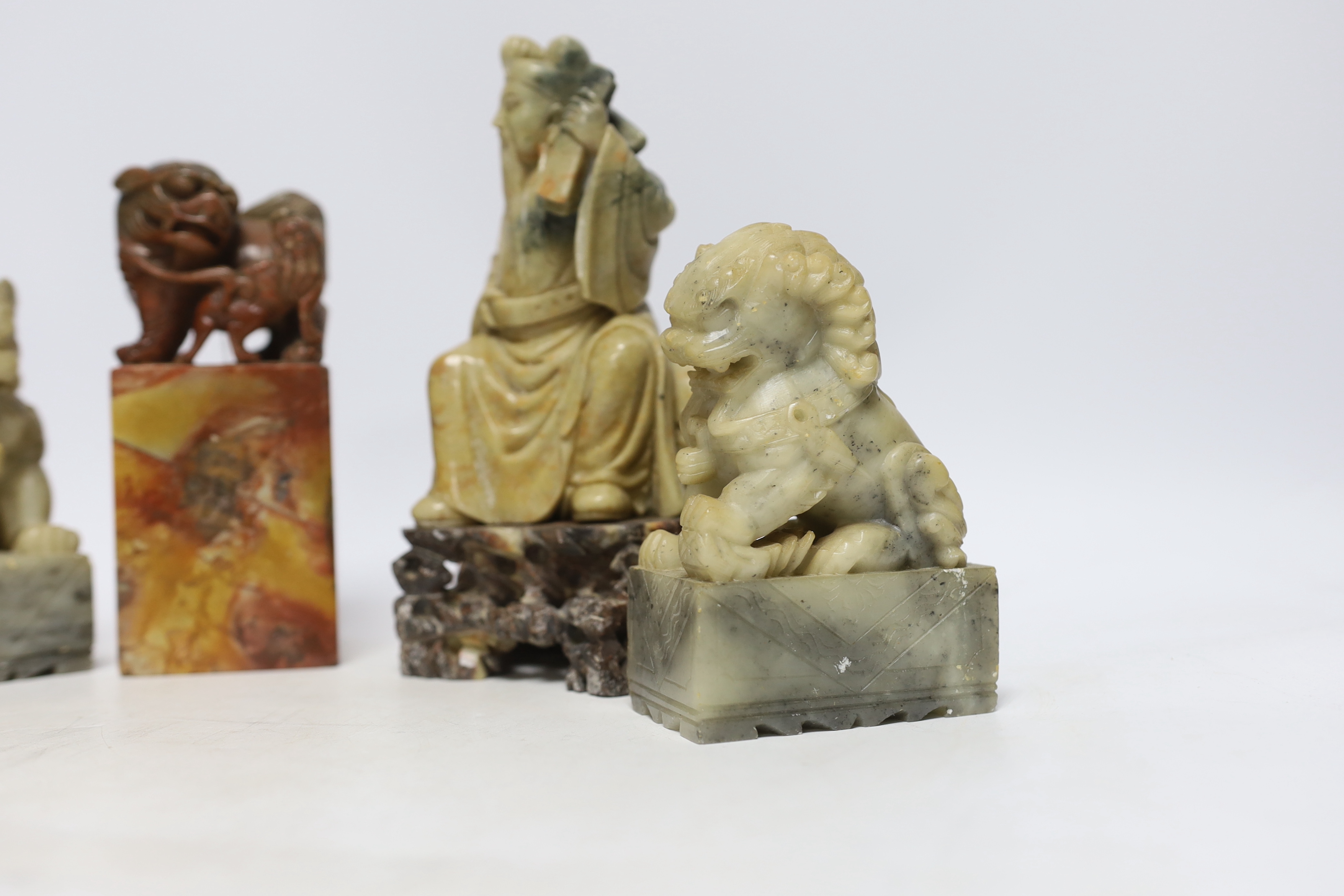 Two Chinese soapstone figures and a pair of Buddhist lion seals, tallest 19.5cm - Image 3 of 4
