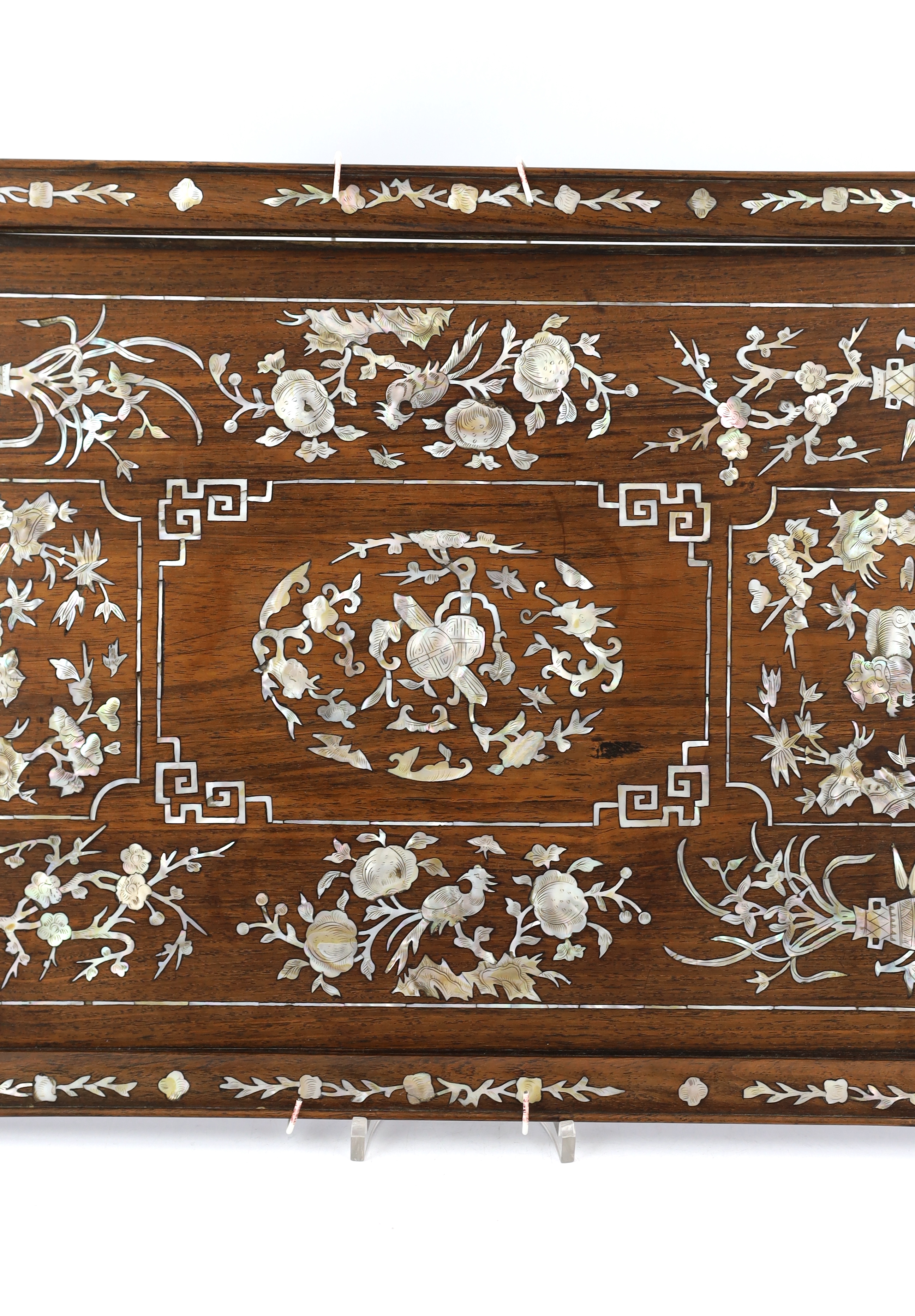 A Chinese hongmu and mother of pearl inlaid tray, late 19th century, decorated with lion cubs, - Image 3 of 6
