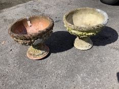 A pair of circular reconstituted stone campana garden planters, diameter 53cm, height 45cm