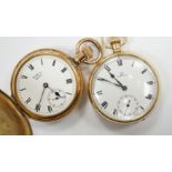 A gold plated Omega open faced pocket watch, with Roman dial and subsidiary seconds and a gold