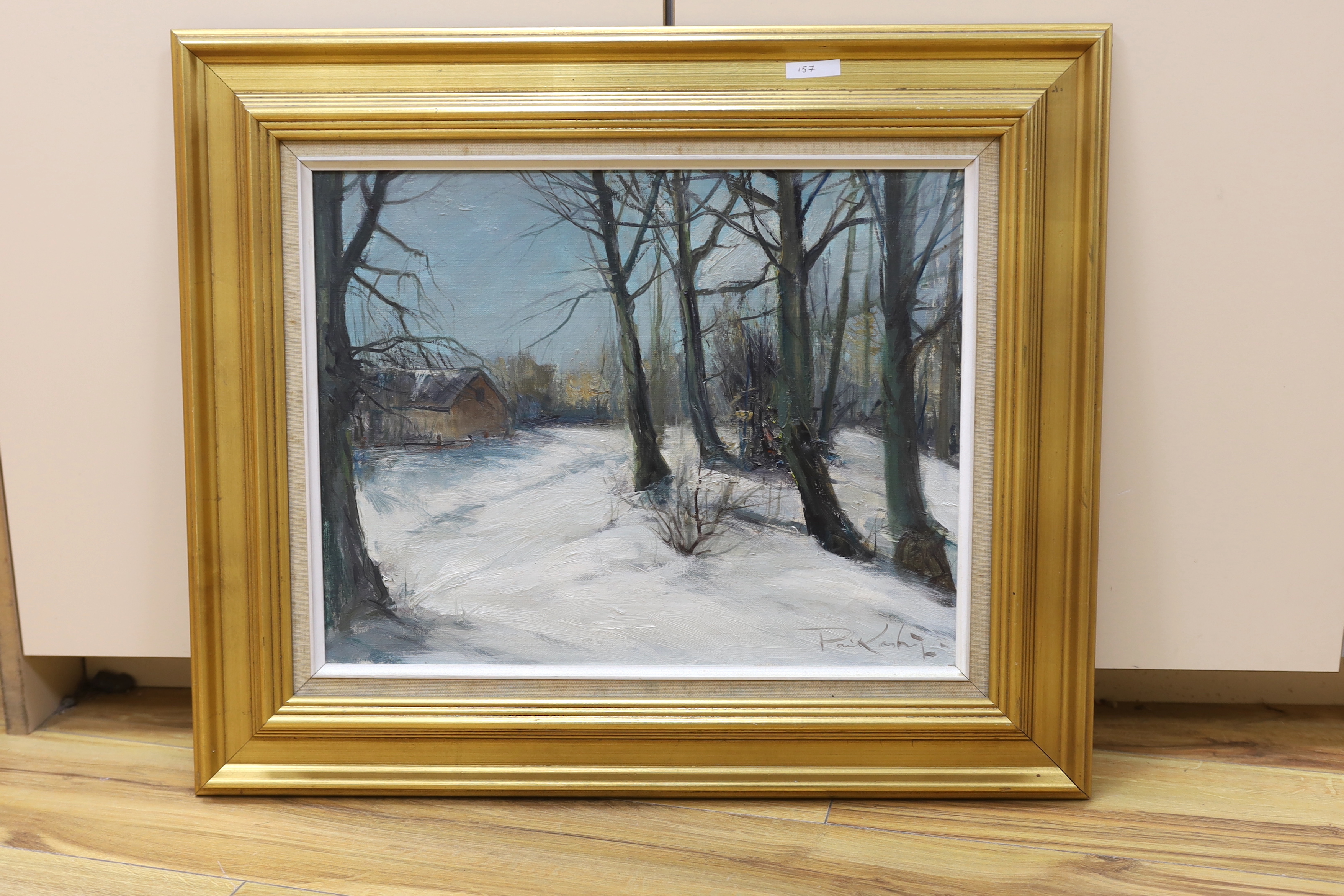 Poul Kastrup (Danish, 1920-1987), oil on canvas, Snowy winter landscape, signed, 34 x 43cm, gilt - Image 2 of 5