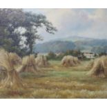 A Boule, oil on board, Landscape with hayricks, signed, 29 x 34cm, ornate gilt framed