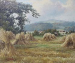 A Boule, oil on board, Landscape with hayricks, signed, 29 x 34cm, ornate gilt framed