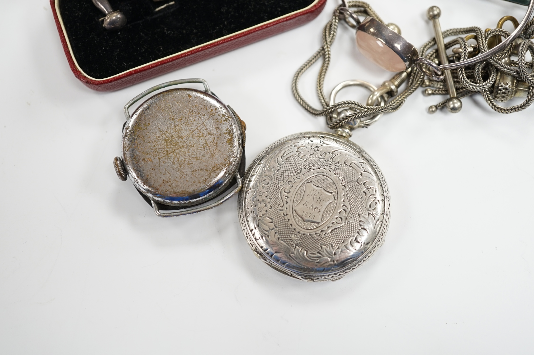 A pair of 925 and tiger's eye quartz set cufflinks, a silver and Scottish hardstone set brooch, a - Bild 5 aus 5