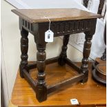 A 17th century style rectangular oak joint stool, width 44cm, depth 25cm, height 44cm