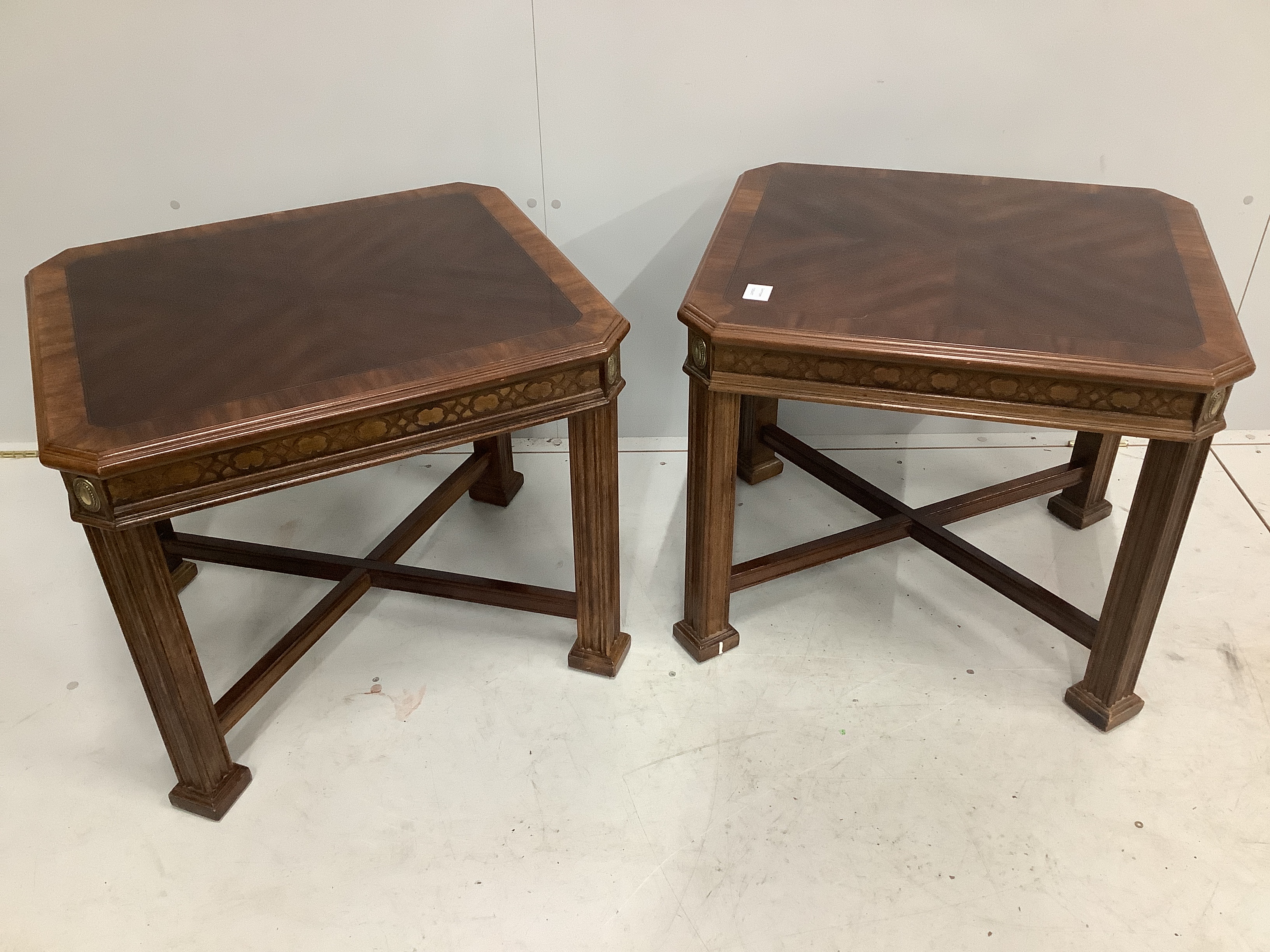 A pair of reproduction George III style mahogany occasional tables, width 56cm, depth 65cm, height