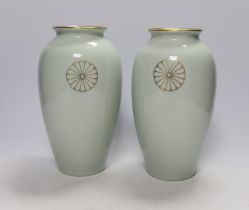 A pair of Japanese Fukagawa presentation vases, with Imperial sixteen petal chrysanthemum mon,