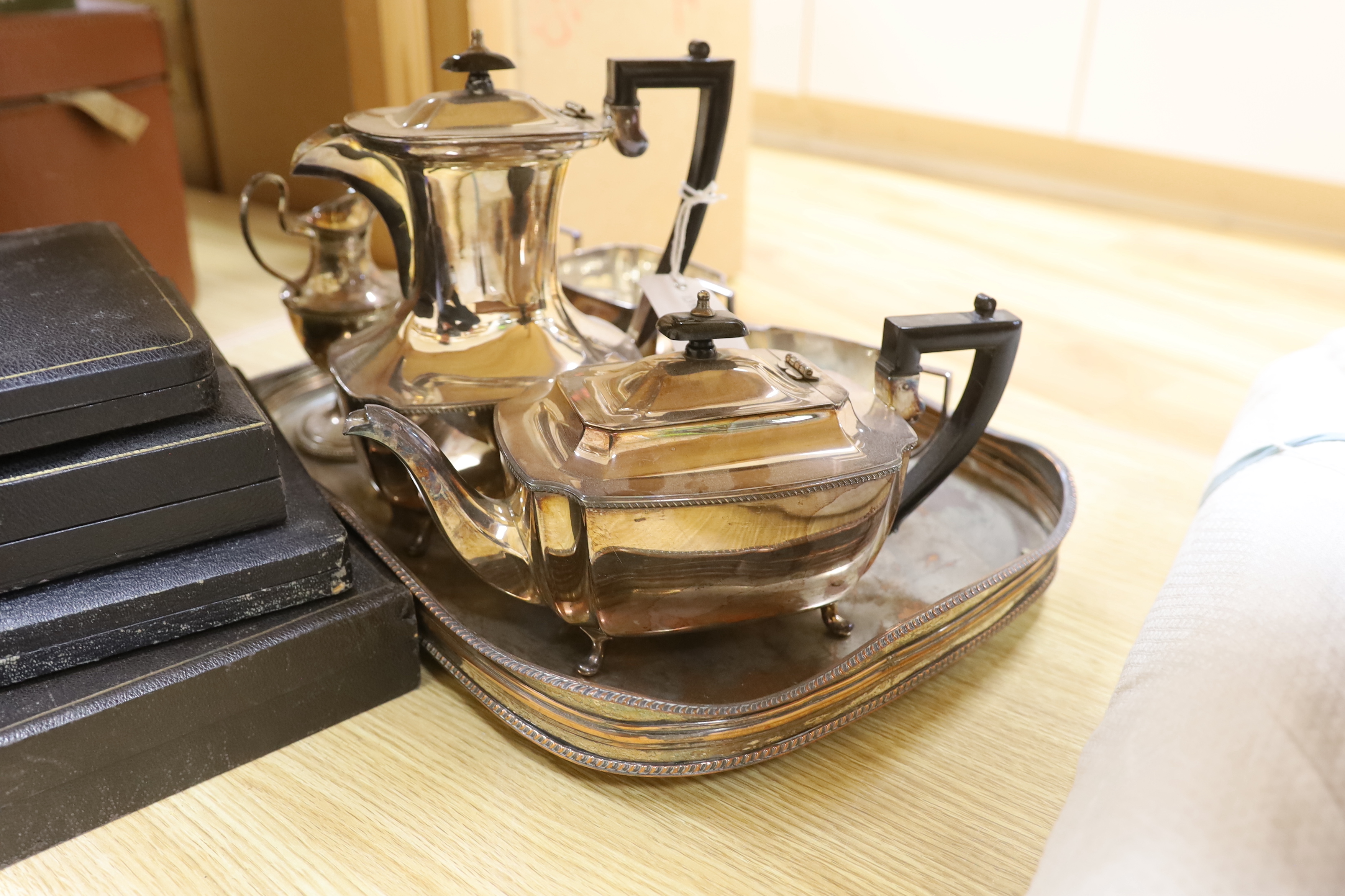 A four piece plated tea set, jug, coaster, tray and five boxed of cutlery - Image 2 of 3