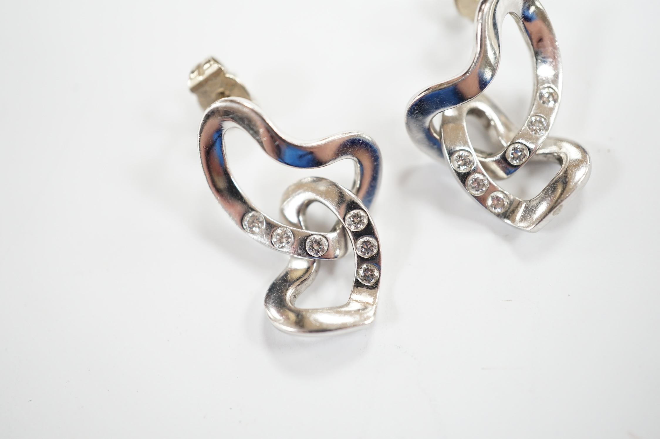 A modern pair of Georg Jensen Danish 750 white metal and diamond chip set drop earrings, - Image 2 of 4