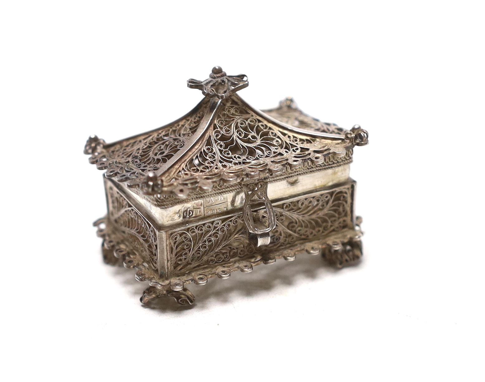 A mid 20th century Russian 91 zolotnik filigree miniature casket, assay master Alexai Kulikov?,