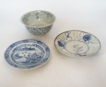 A Chinese Ming blue and white bowl and two Qing dynasty dishes, largest 17cm diameter