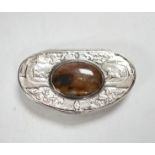 An early 19th century Scottish? white metal oval snuff box, with banded agate base and inset agate