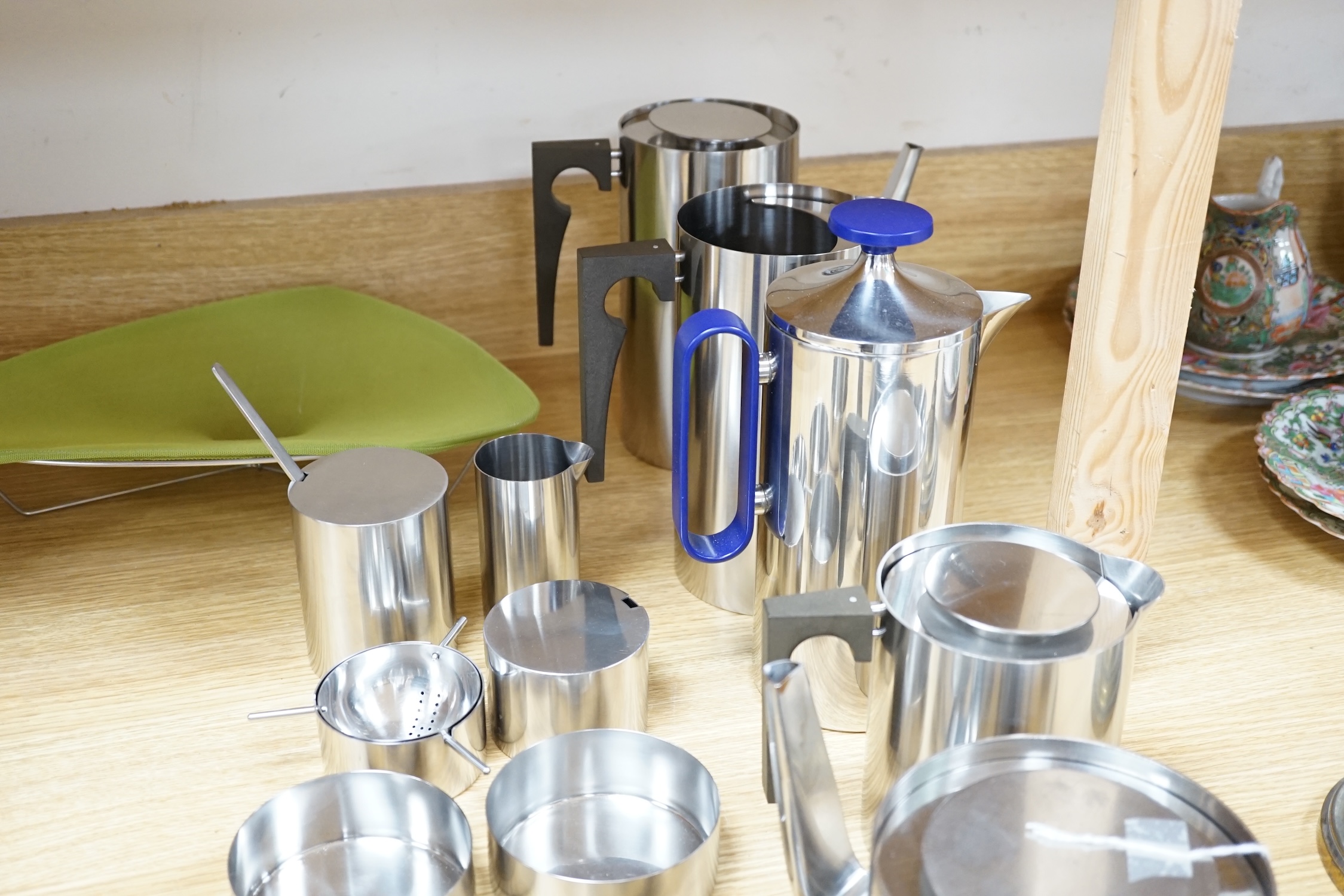 A thirteen piece suite of Arne Jacobsen stainless steel cylinder ware, coffee pot 24cm high - Image 3 of 6