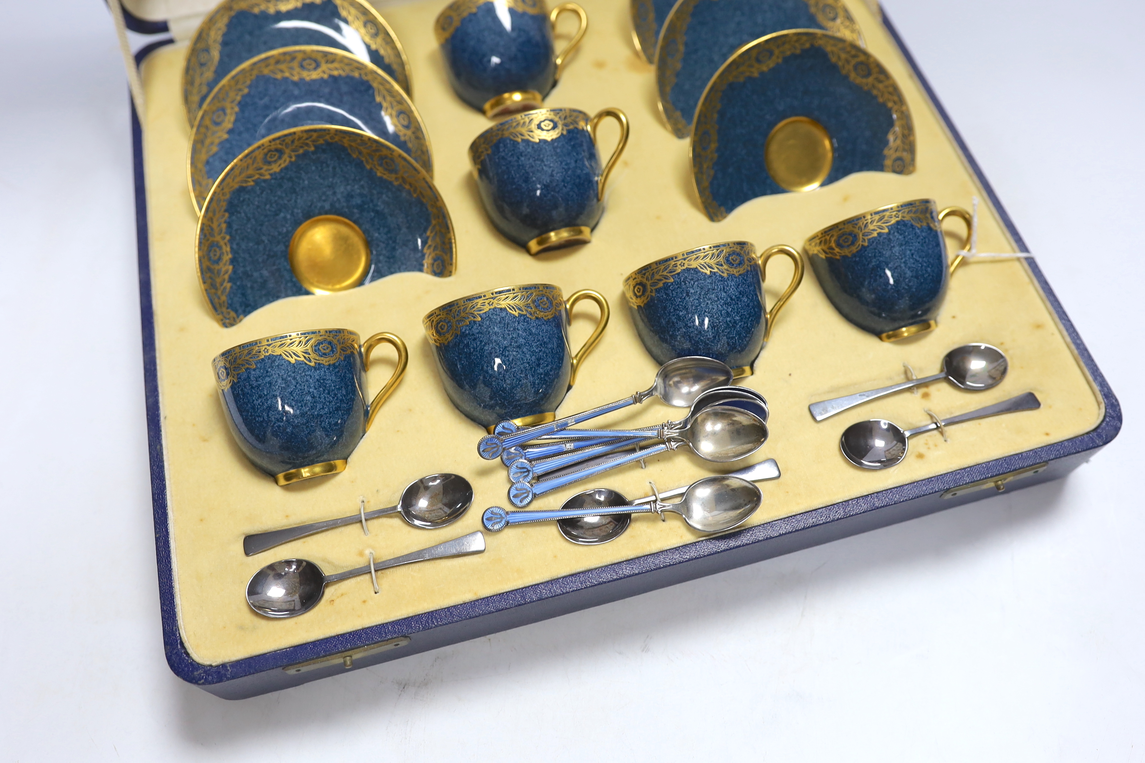 A cased Royal Worcester gilt and powder blue six piece coffee set with silver teaspoons, set of - Image 2 of 4