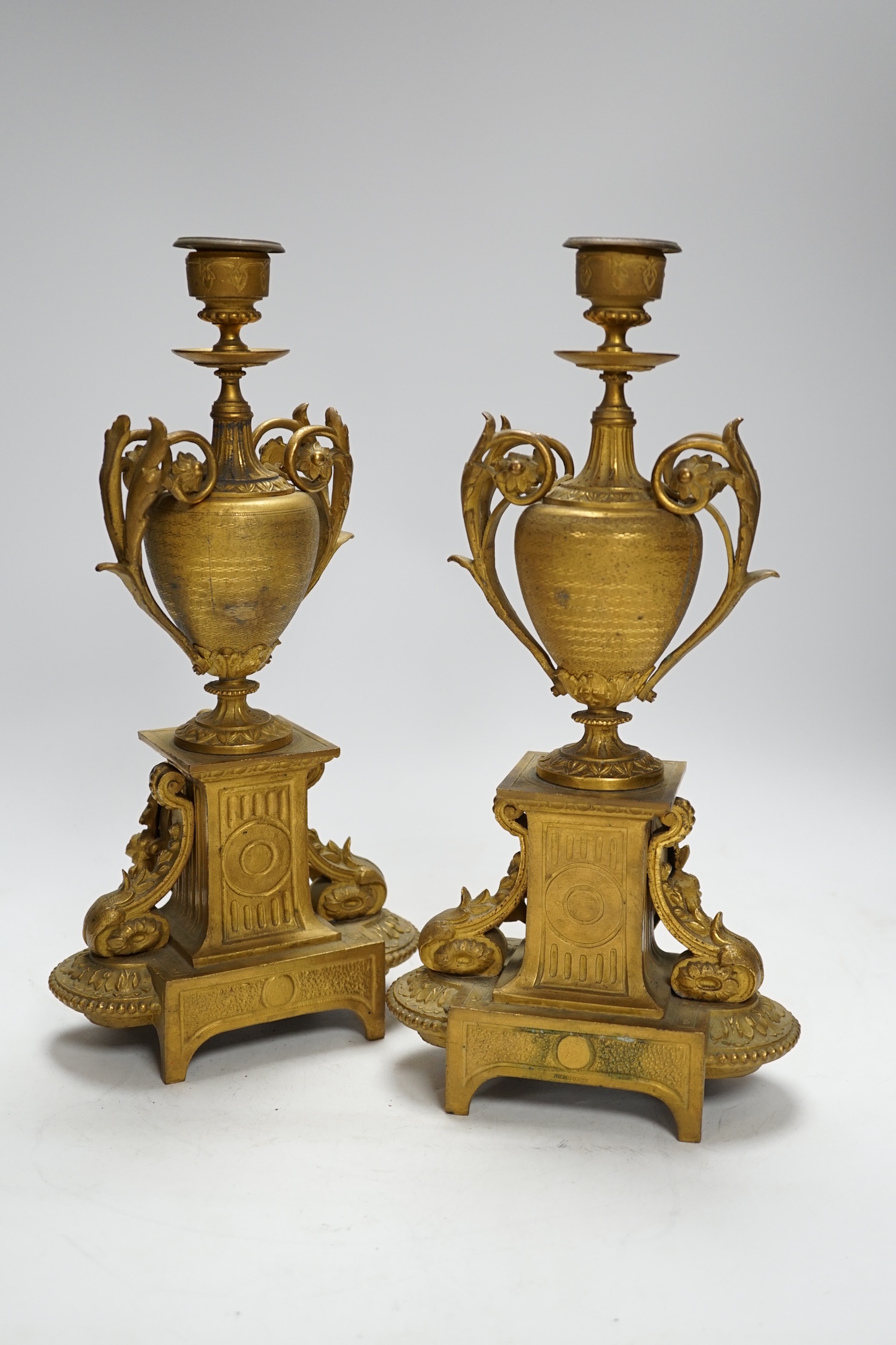 A pair of 19th century French ornamental gilt metal candlesticks, possibly clock garnitures, 32. - Image 4 of 4