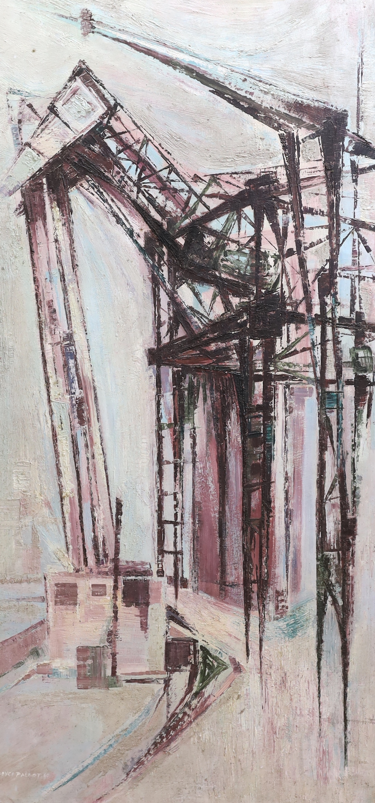 Joyce Pallot (British 1912-2004), oil on board, 'Grain Elevator', signed and inscribed verso and