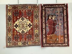 A Caucasian style red ground rug, a North West Persian figural rug, an antique Shirvan rug and one