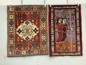 A Caucasian style red ground rug, a North West Persian figural rug, an antique Shirvan rug and one