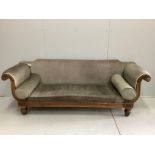 A William IV parcel gilt rosewood scroll arm settee, width 226cm, depth 70cm, height 80cm