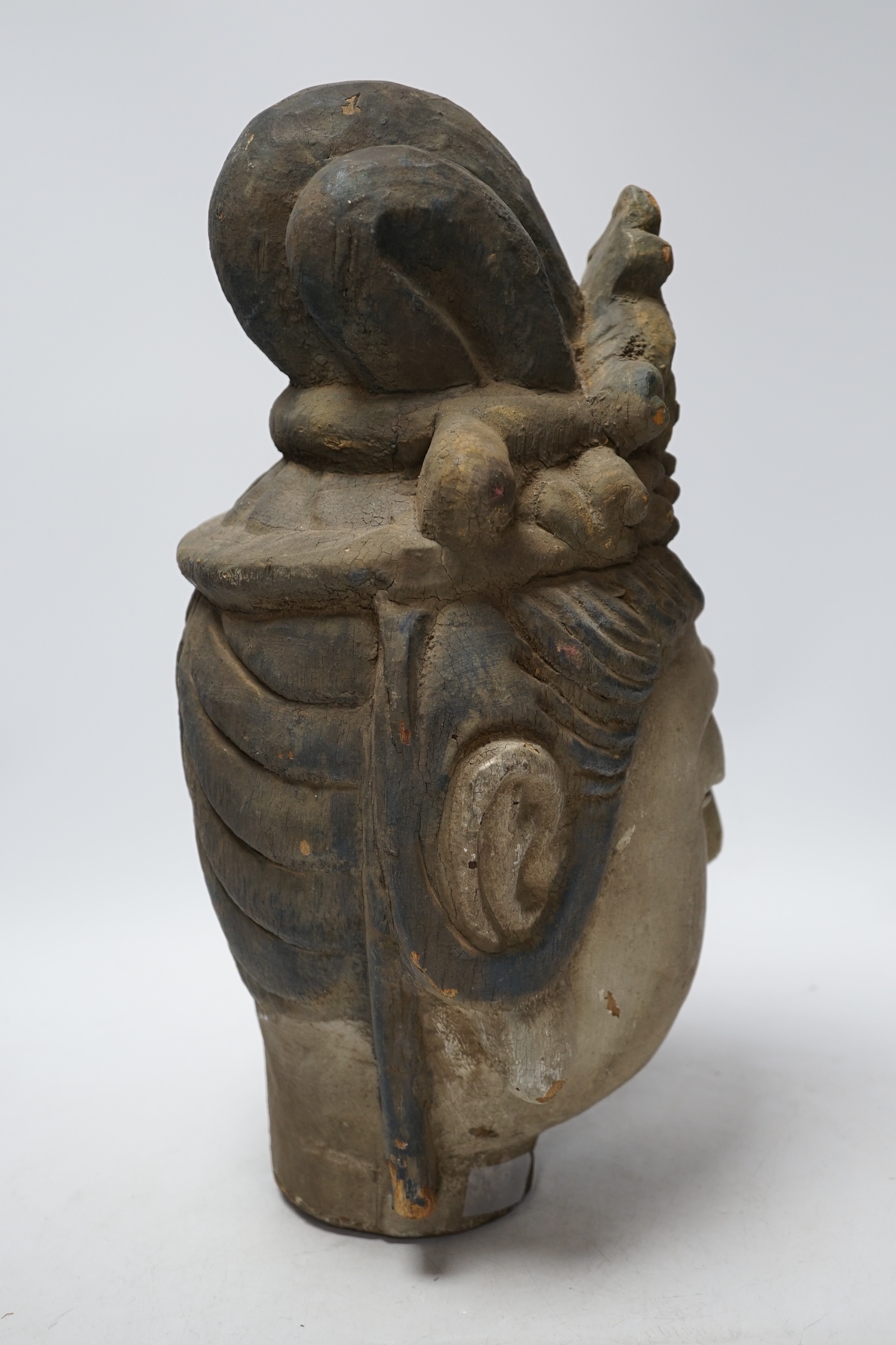 A Chinese painted wood head of Guanyin, Yuan style, 40cm - Image 4 of 4