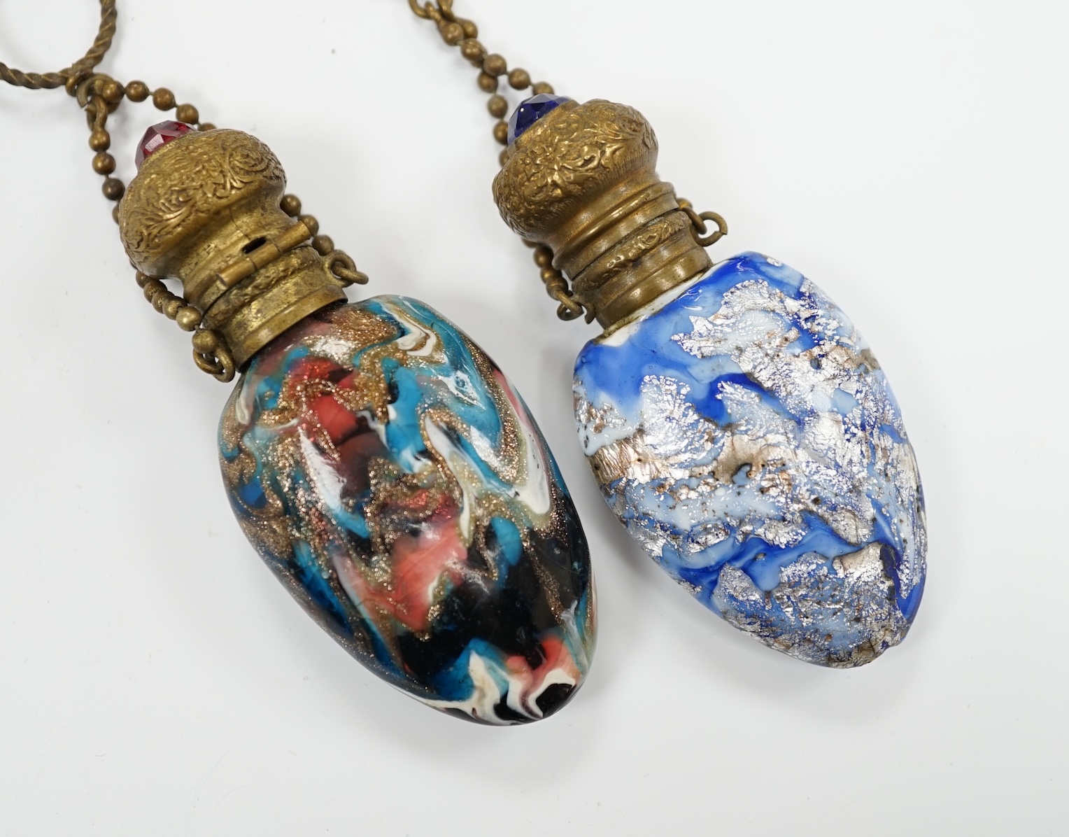 Two Venetian glass scent bottles with aventurine, gilt metal mounted, largest 7.5cm high