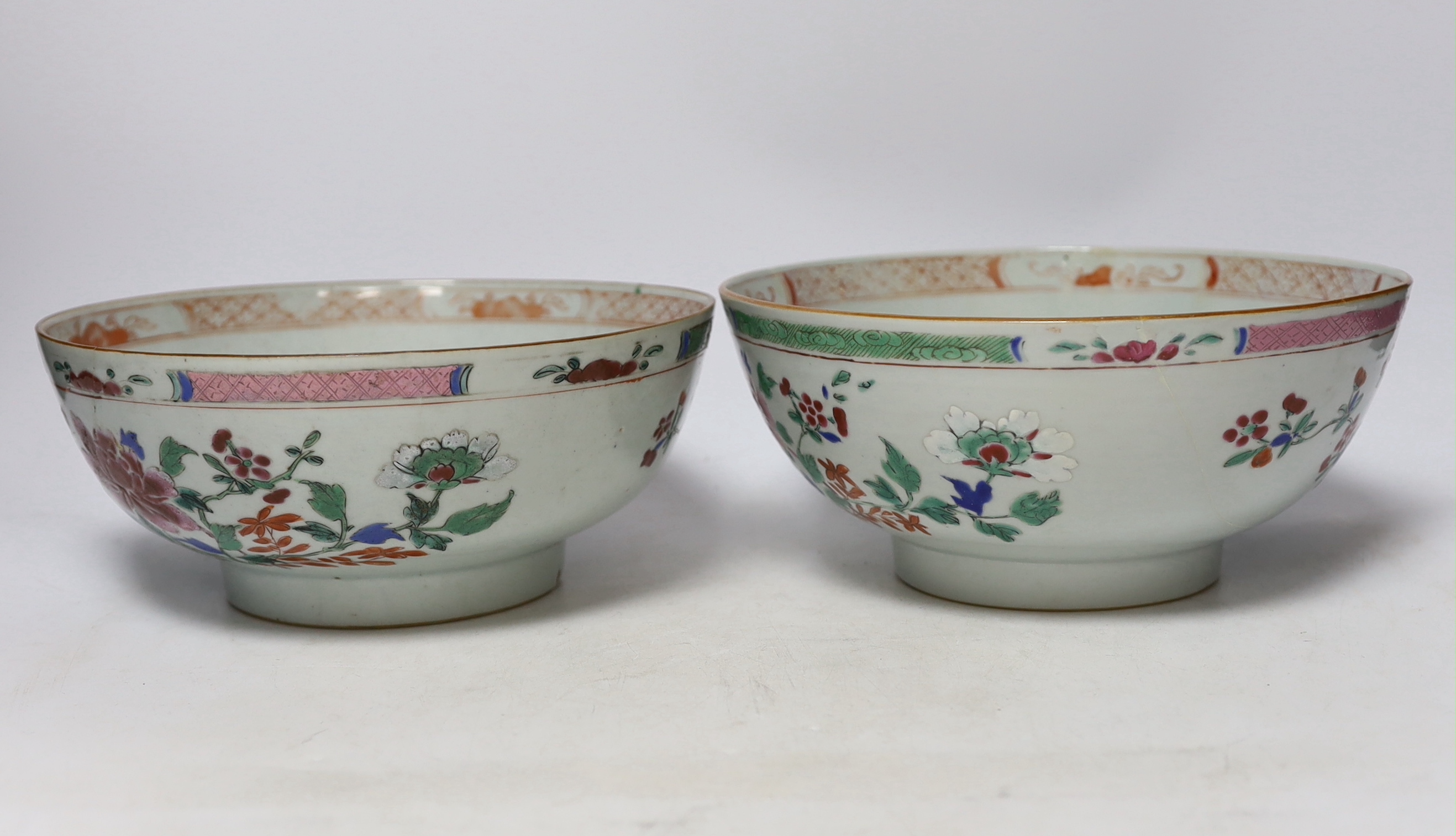 Two 18th century Chinese export famille rose bowls, 23.5cm diameter - Image 2 of 4