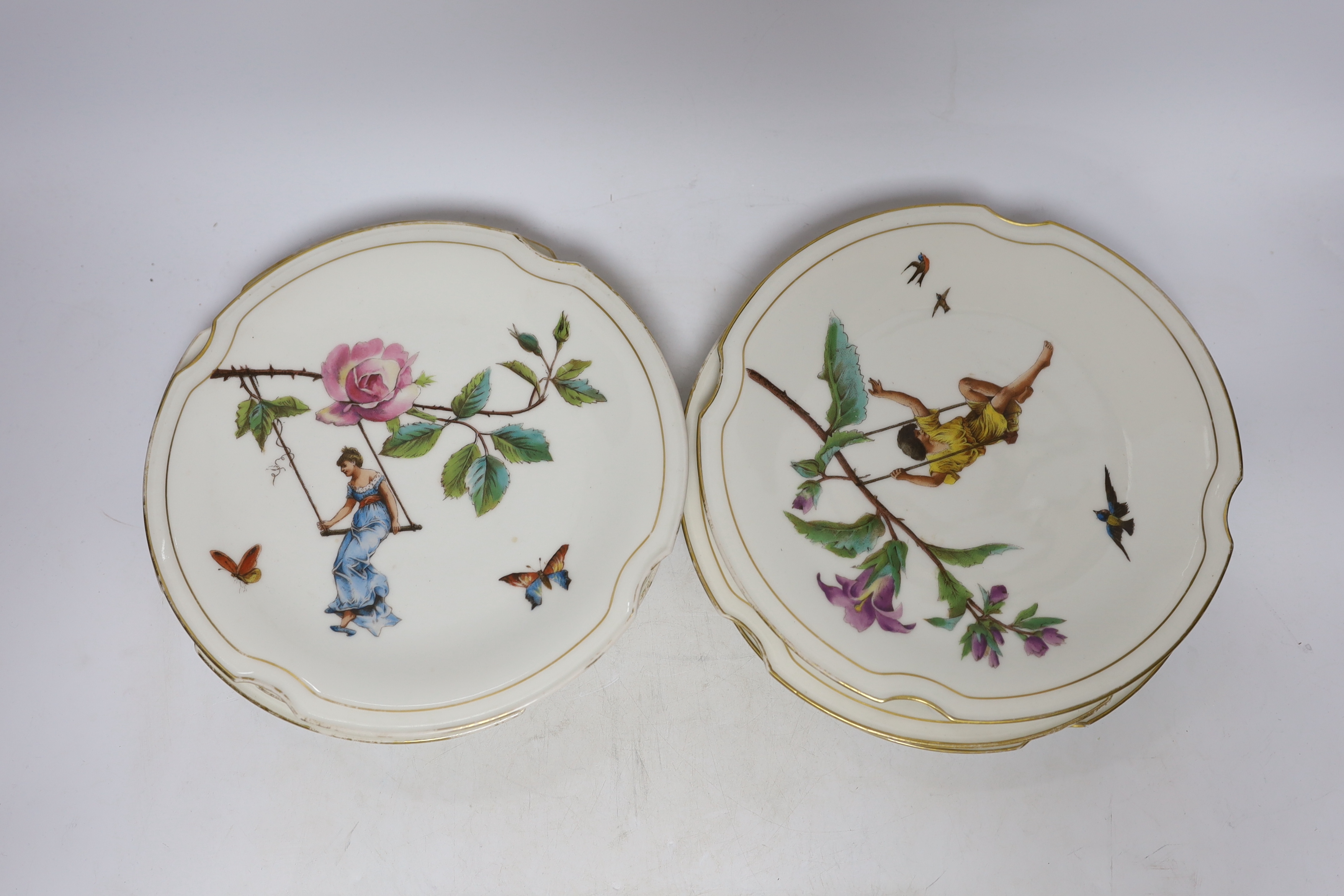 A set of eight late 19th century French Porcelain dessert plates decorated with scenes of figures on - Image 2 of 2