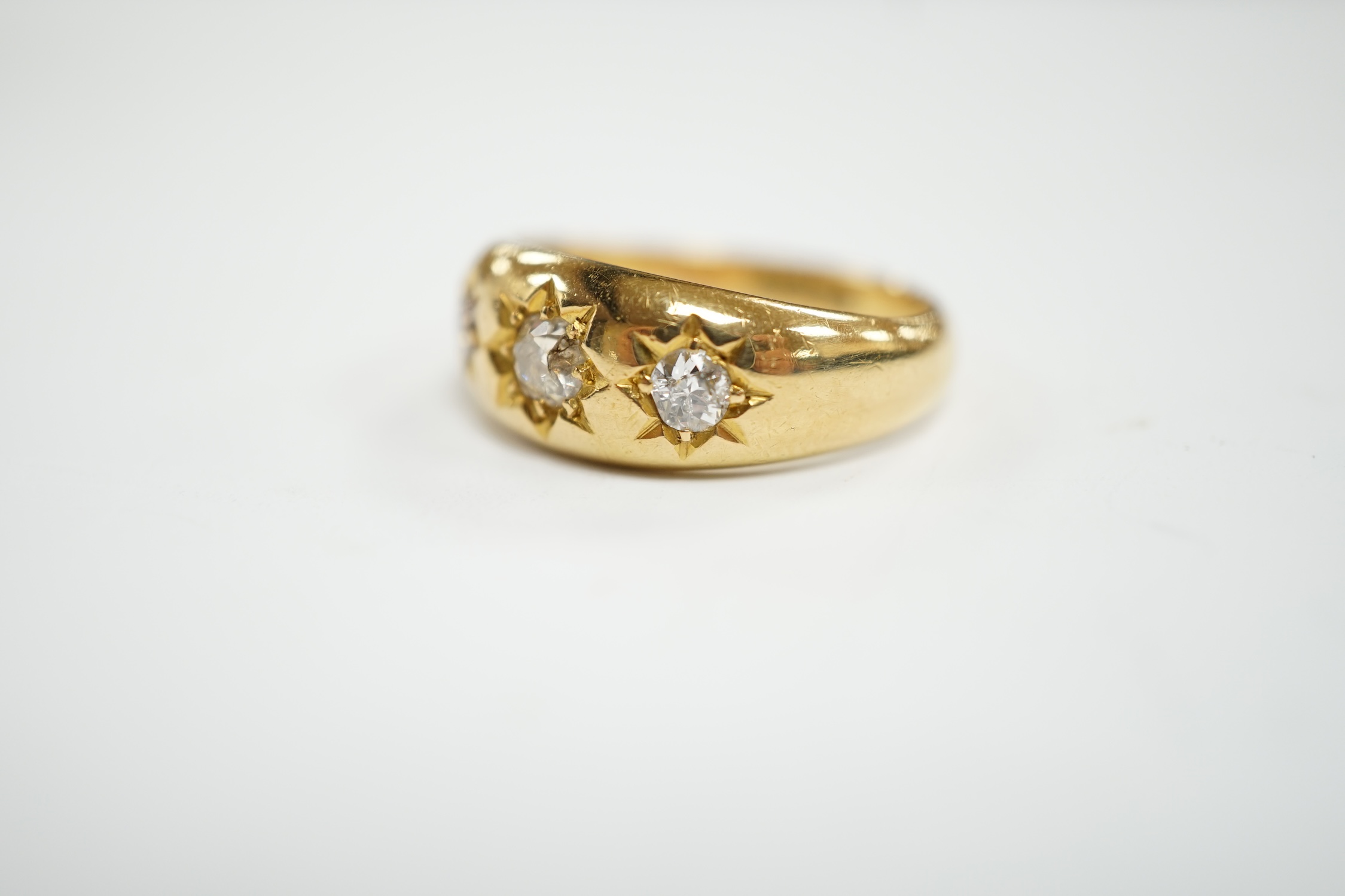 A George V 18ct gold and gypsy set three stone diamond ring, hallmarked for London, 1910, size S, - Image 2 of 4