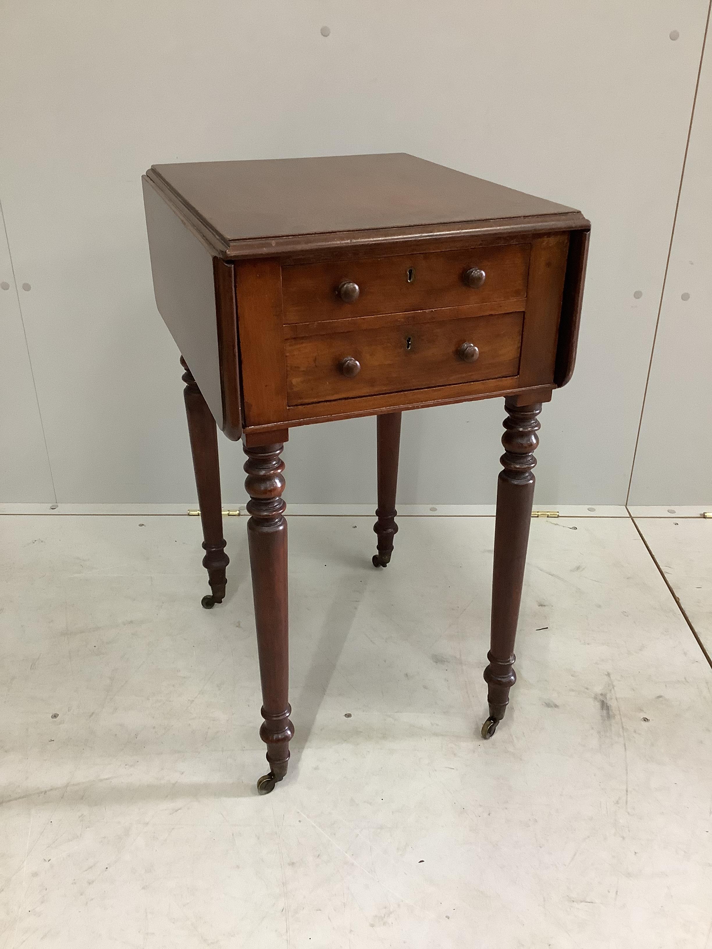 An early Victorian mahogany drop flap work table, width 40cm, depth 50cm, height 74cm (a.f.)