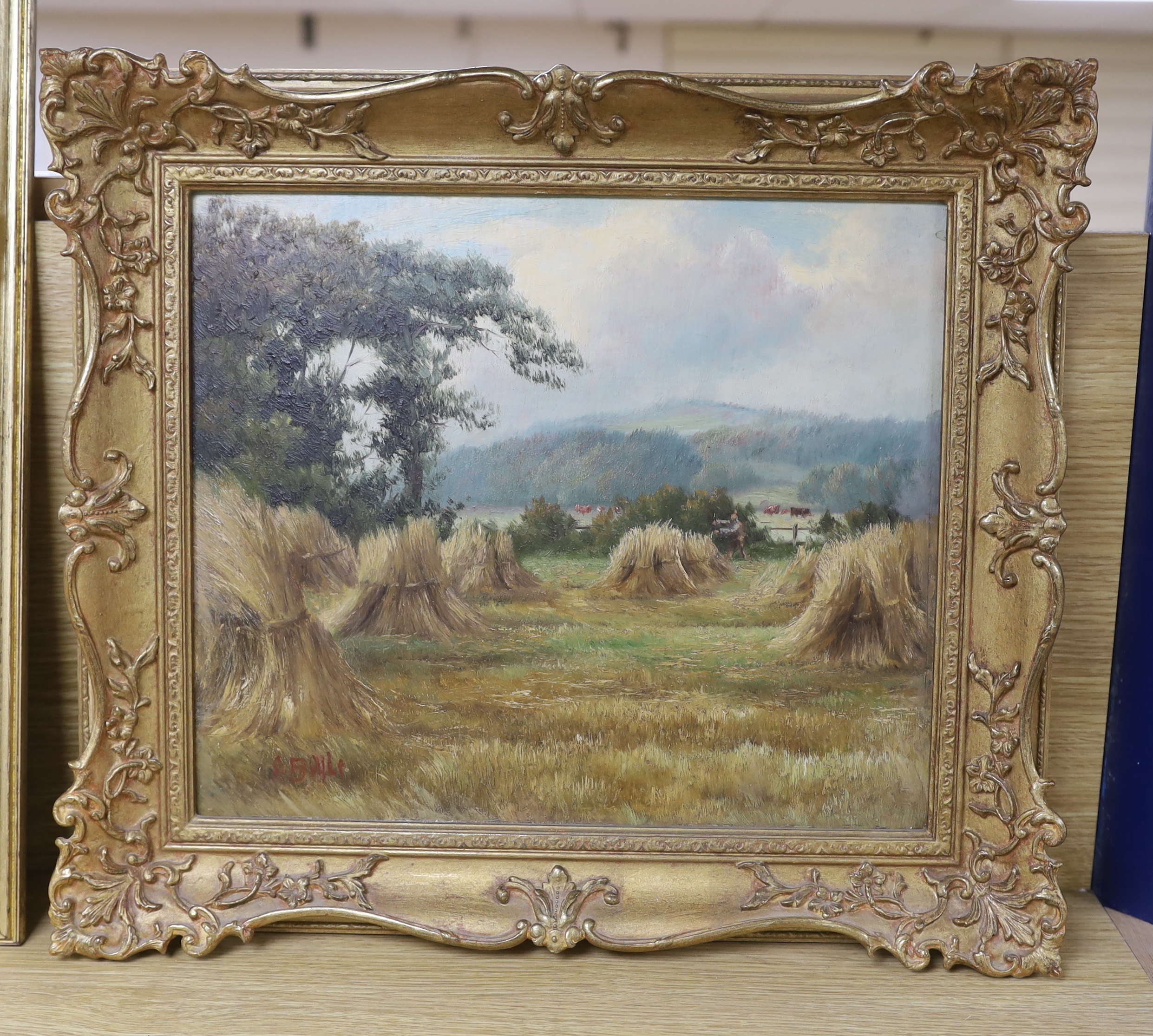 A Boule, oil on board, Landscape with hayricks, signed, 29 x 34cm, ornate gilt framed - Image 2 of 3