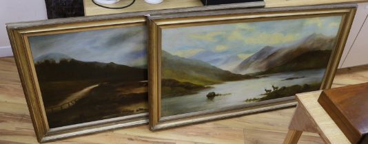 Victorian School, pair of oils on canvas, Extensive landscapes, Deer before mountains and River