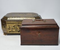 A mid 19th century Chinese export gilt decorated black lacquer work box and a George III mahogany