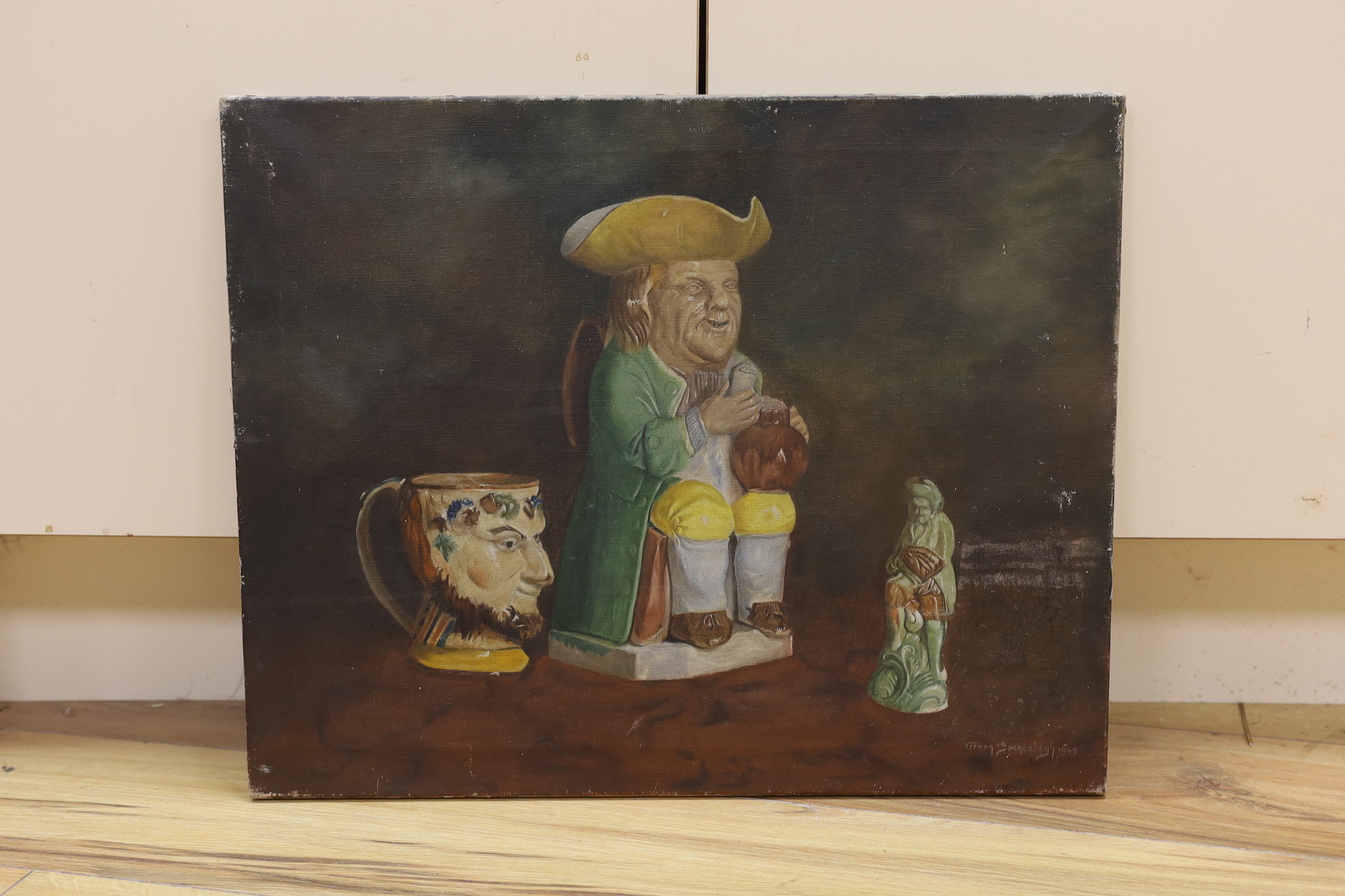 Vernon Spencelayh (American, 1891-1980), oil on canvas, Still life of Toby jug, signed and dated - Image 2 of 4