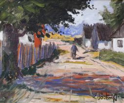 K. Bost..., oil on canvas, Continental street scene with figure, signed, 24 x 30cm