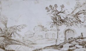 18th century Italian, old master sepia ink sketch, Landscape with ruins, mounted, 25 x 40cm,