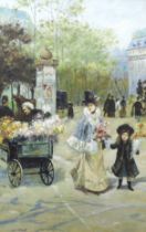A decorative French style oil on canvas, Flower seller and figures, unsigned, 90 x 60cm, ornately
