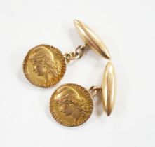 A pair of Argentinian yellow metal? commemorative coin cufflinks, 13mm., Total weight 4.2g