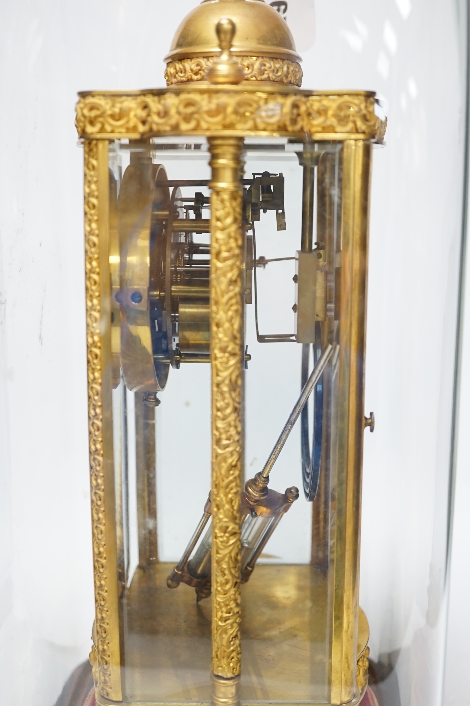 A French four glass mantel clock striking on a coiled gong with gilt brass frame and mercury - Image 3 of 4
